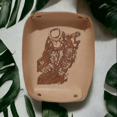 Fan Art Valet Trays Made of Vegtan Leather. Measures approx 7" x 5" 2 pieces currently available; Lone Wolf & Cub Predator