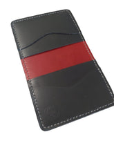 Load image into Gallery viewer, Card Wallet. Made from Italian Chrome Finished Vegtan Leather Navy base with red interior. All hand-cut and stitched. Plain Wallet has 2 card pockets, 2 back pockets. Navy Blue &amp; Red, Red &amp; Navy Blue
