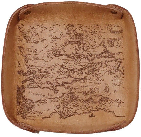 Fantasy Dice Tray Made of Vegetable Tanned Leather, hand-dyed a Medium Brown. Logo is Laser Engraved. 7″ x 7″ *Includes a standard set of 7 dice.