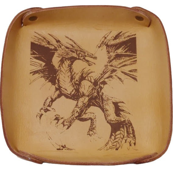 Fantasy Dice Tray Made of Vegetable Tanned Leather, hand-dyed a Medium Brown. Logo is Laser Engraved. 7″ x 7″ *Includes a standard set of 7 dice.