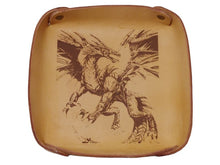 Load image into Gallery viewer, Fantasy Dice Tray Made of Vegetable Tanned Leather, hand-dyed a Medium Brown. Logo is Laser Engraved. 7″ x 7″ *Includes a standard set of 7 dice.

