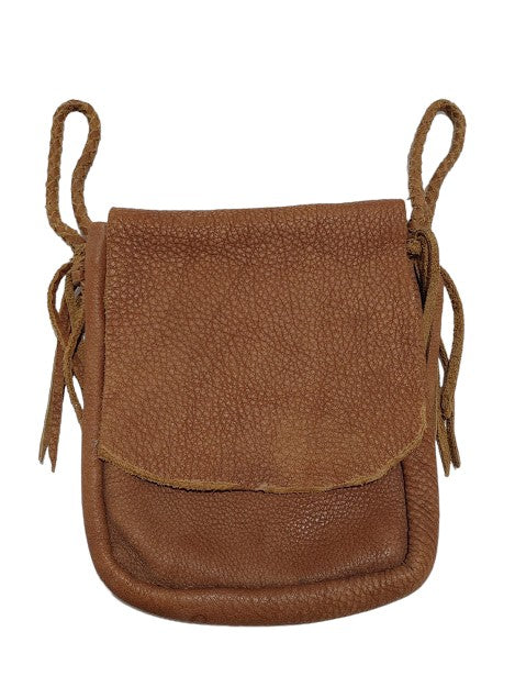 Fire Bag - Belt Pouch Hand-Crafted from Deer-tanned Cowhide. Chestnut Brown Hand-braided belt straps 2 Interior pockets with 3 card pockets. Great for reenactment period, LARP or cosplay costumes.