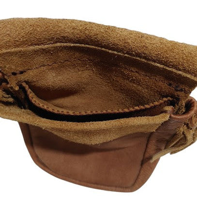 Fire Bag - Belt Pouch Hand-Crafted from Deer-tanned Cowhide. Chestnut Brown Hand-braided belt straps 2 Interior pockets with 3 card pockets. Great for reenactment period, LARP or cosplay costumes.