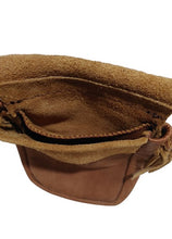 Load image into Gallery viewer, Fire Bag - Belt Pouch Hand-Crafted from Deer-tanned Cowhide. Chestnut Brown Hand-braided belt straps 2 Interior pockets with 3 card pockets. Great for reenactment period, LARP or cosplay costumes.
