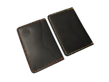 Load image into Gallery viewer, Minimalist Card Wallet - Finished Vegtan Made from Heritage Series waxed cow hide. All hand-cut and stitched. Plain Wallet has 2 card pockets, 1 interior pocket Black, Acorn Brown, Burgundy

