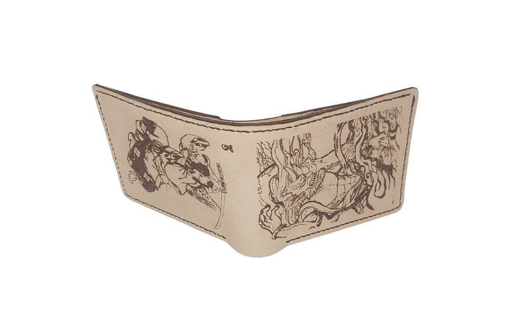 Tengu & Oni Billfold Natural Vegtan Billfold with Japanese Mythological creatures “Tengu” and “Oni” laser engraved. Wallet has 6 card pockets, 2 back pockets and section for cash.